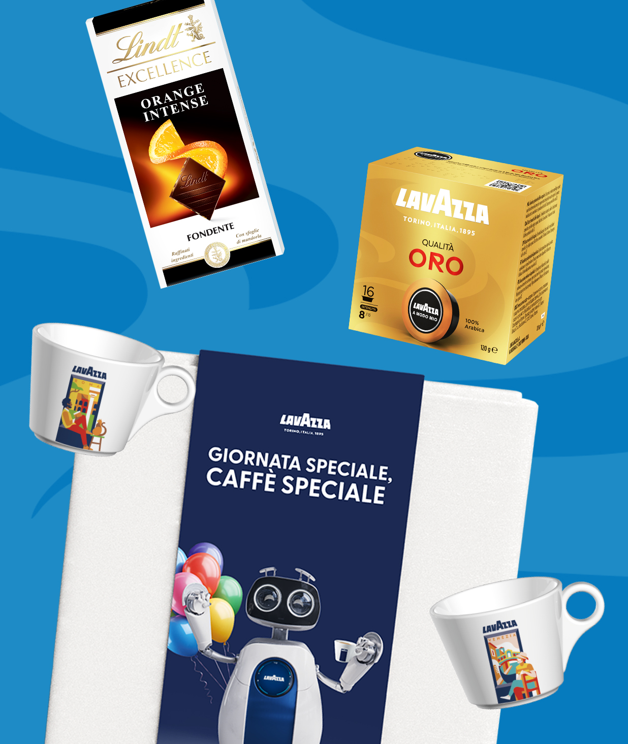 Immagine esempio uno per la sezione la box per ogni occasione con pacco capsule amm qualità rossa e tavoletta di cioccolato Lindt all'arancia e pacco di amm qualità oro da 16 caps